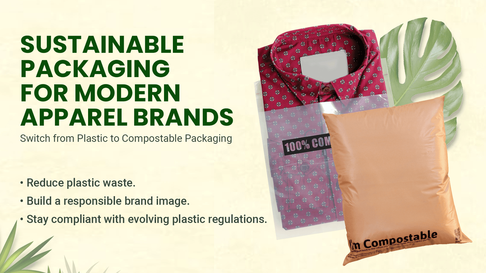 Compostable garment bag and compostable courier bag used for sustainable packaging by modern apparel brands